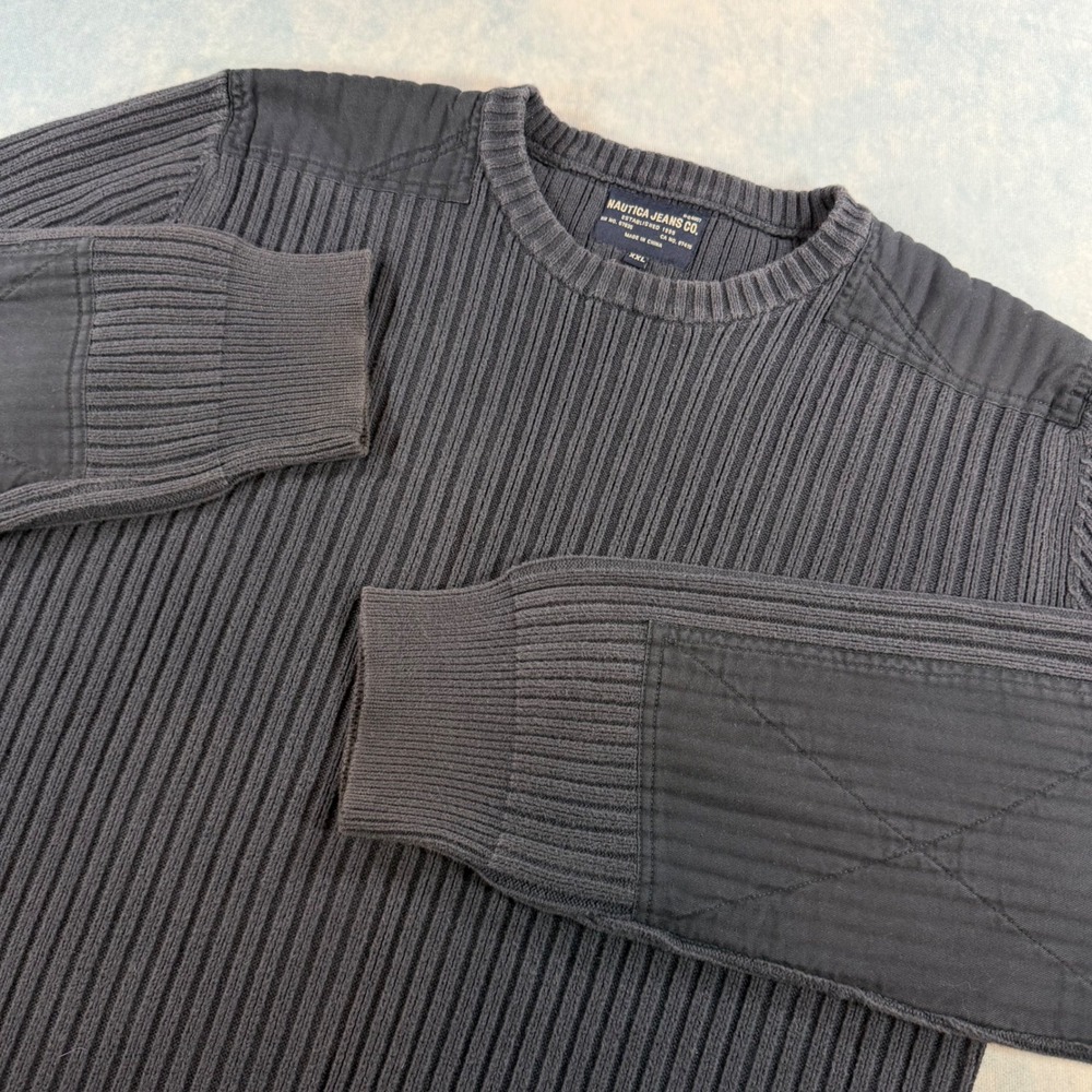 Nautica Sweater Mens XXL Grey Ribbed Knit Cotton Elbow Patch Utility Heavyweight